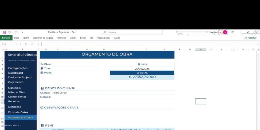 Pré-visualização da folha Orçamento da Obra