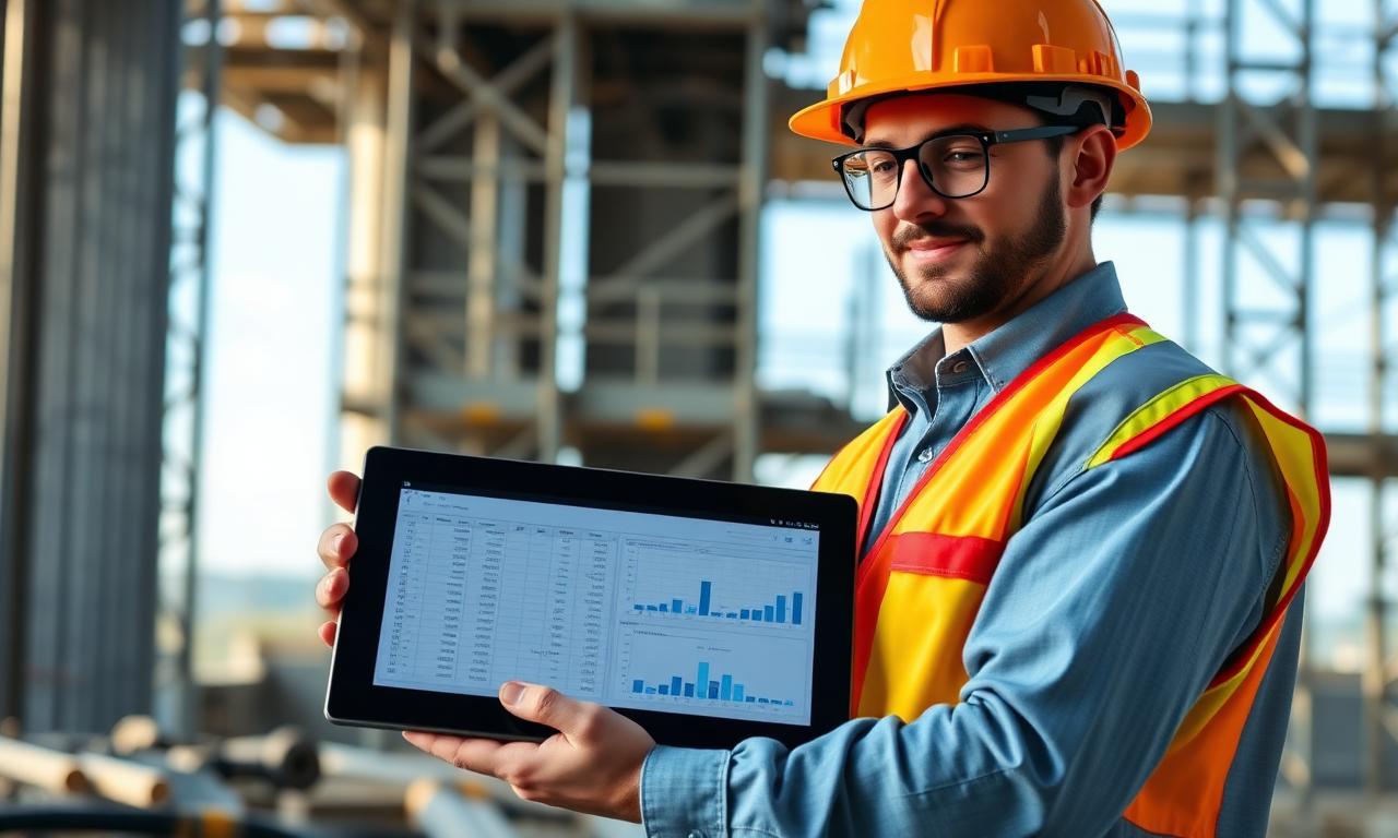 Profissional da construção a usar a planilha num tablet na obra
